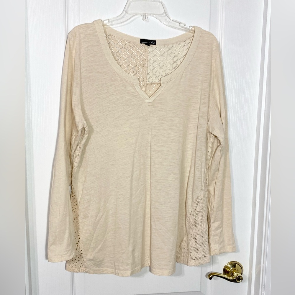 RXB Crochet Patchwork Back Notch Neck Cotton Knit Top Cream XL